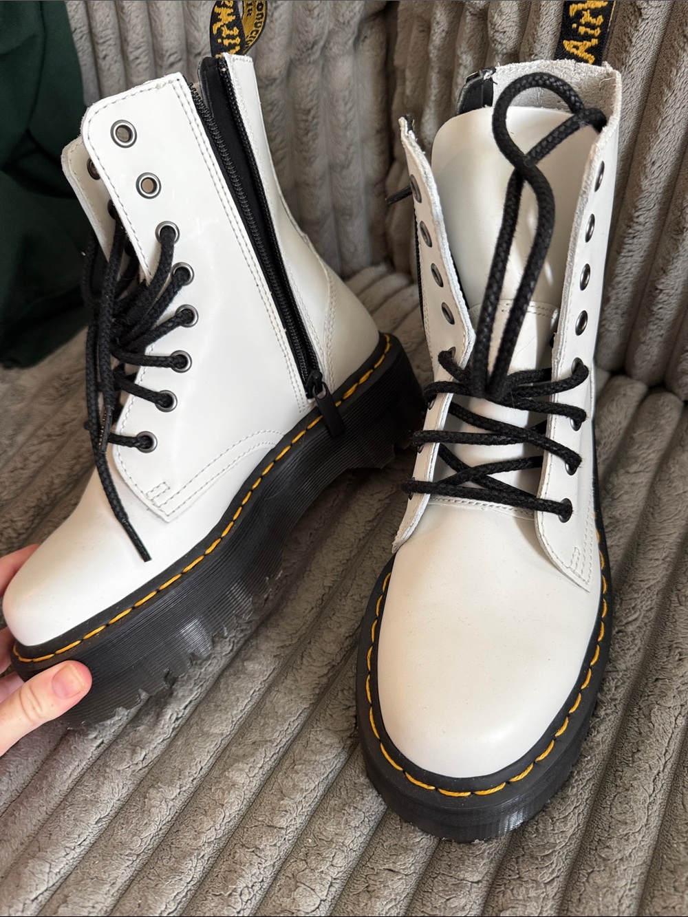 Doc martins White Lace-Up Platform Combat Boots with Yellow Stitching